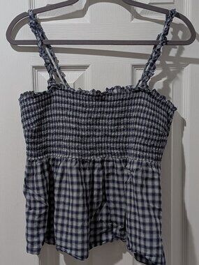 Blue and White Checked Square Neck Smocked Tank
